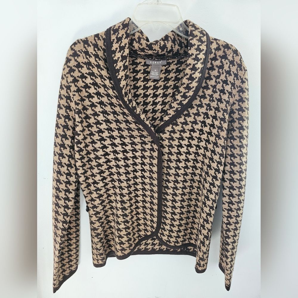 Kenar Brown Tan Houndstooth Knit Cardigan Sweater